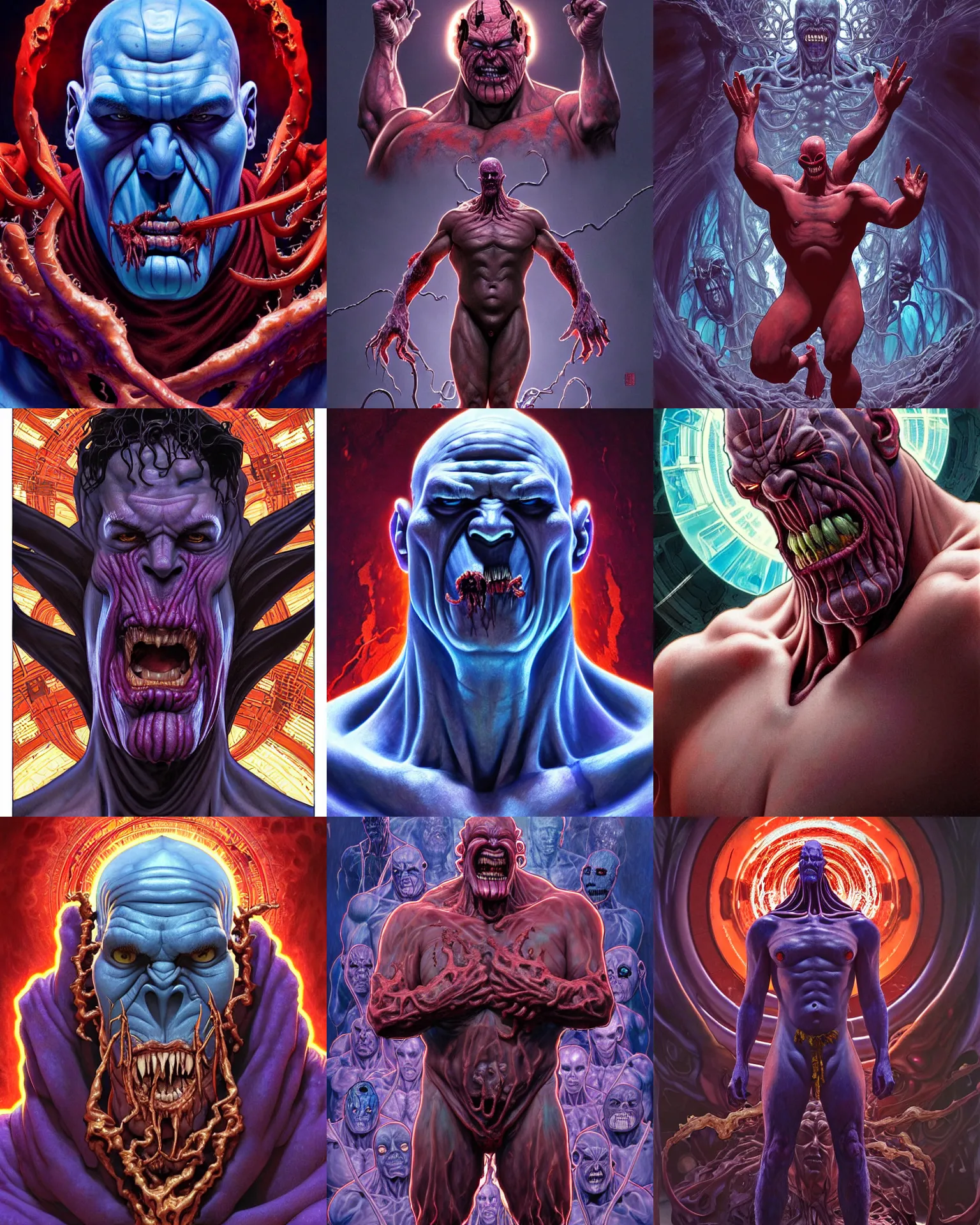 Prompt: the platonic ideal of sumo of cletus kasady ultimate carnage thanos dementor doctor manhattan chtulu nazgul, detailed, intricate, hyperrealism, intense, scary, decay, dmt, art by brock hofer and artgerm and greg rutkowski and alphonse mucha