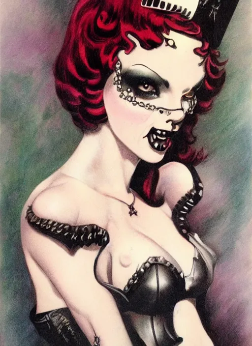 Image similar to goth girl burlesque psychobilly punk, detailed face, white background, drawing, illustration by frank frazetta and boris vallejo