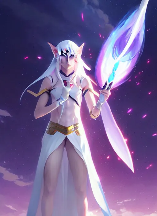 Prompt: a female space mage with long white hair, elf ears, star guardian inspired, perfect art, trending on pixiv, painted by greg rutkowski makoto shinkai takashi takeuchi, akihiko yoshida