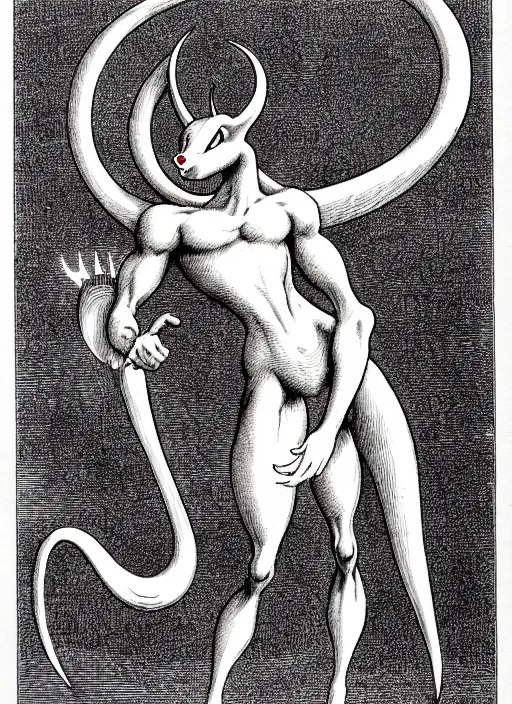 Prompt: illustration of mewtwo as a demon from the dictionarre infernal, etching by louis le breton, 1 8 6 9, 1 2 0 0 dpi scan, ultrasharp detail, clean scan