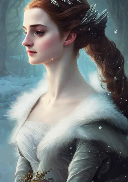 Image similar to sansa emma watson snow queen, intricate, elegant, highly detailed, digital painting, artstation, concept art, smooth, sharp focus, illustration, art by artgerm and greg rutkowski and alphonse mucha and william - adolphe bouguereau