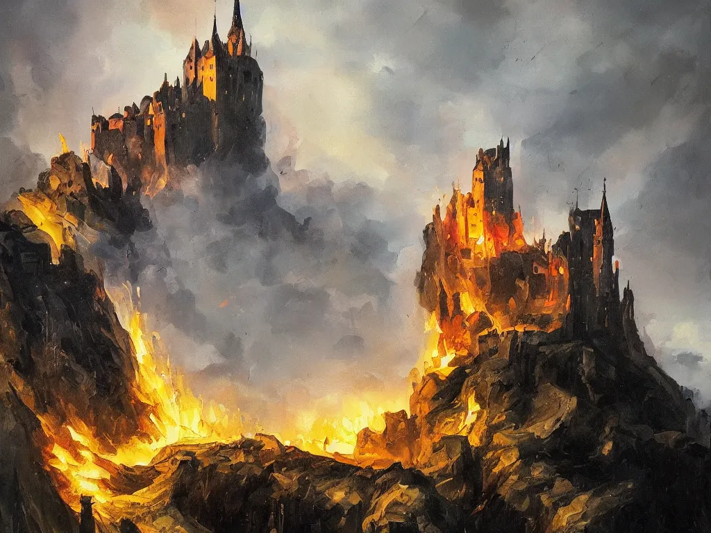 Image similar to modern stylized oil painting of medieval castle on mountain, fire, american romanticism by goya, bright art, cinematic dramatic lighting