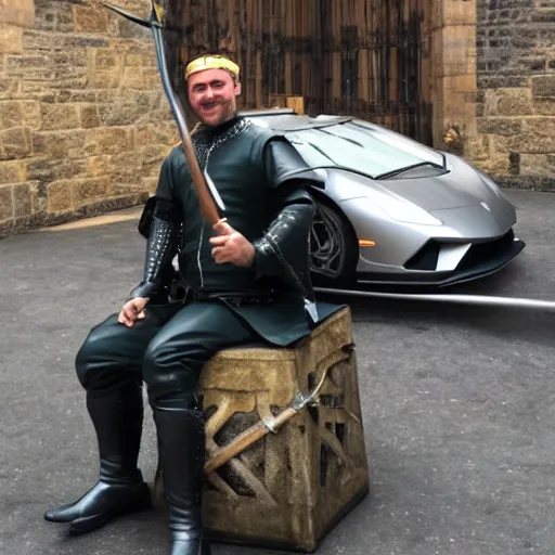 Prompt: archer from medieval times sitting on top of a lambo