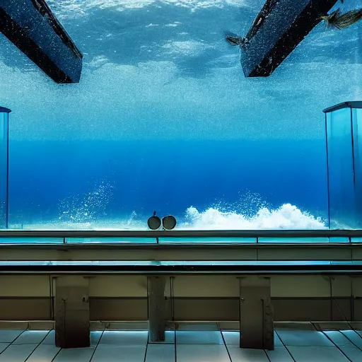 Prompt: a glass room overlooking an ocean dropoff, underwater,