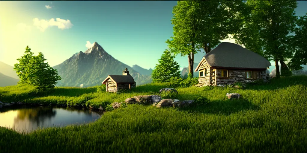 Prompt: a beautiful fantasy landscape, mountain in background, little cottage, small pond, some trees in the corner. hyper realism, octane render