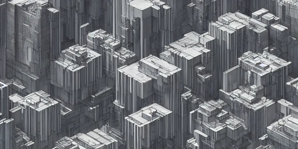 Image similar to high tech building cluster concept drawings with exposed sections designed by paul rudolph and frank lloyd wright and bauhaus, trending on artstation, rectilinear, isometric, isometric view, digital art, game art, 8 k, photorealistic, dramatic lighting, matte painting by moebius and alphonse mucha and nicolas party