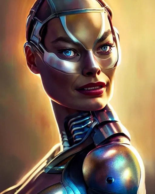 Image similar to weta disney pixar movie still portrait photo of margot robbie as cyborg woman by pixar, by weta, wlop, ilya kuvshinov, rossdraws, artgerm, maxim cover, latex, sweaty, iridescent, bright morning, anime, liosh, mucha