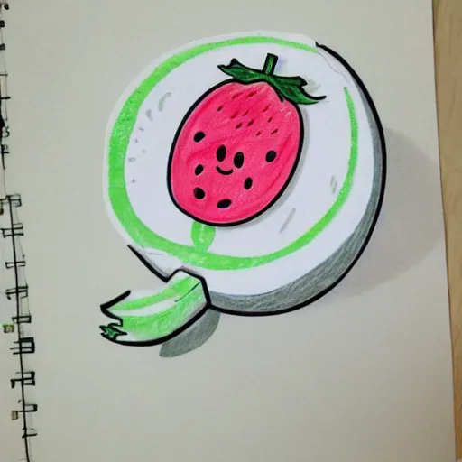 Prompt: pencil sketch of cartoon diecut sticker of cute kawaii watermellon slice with white border and light gray background on paper