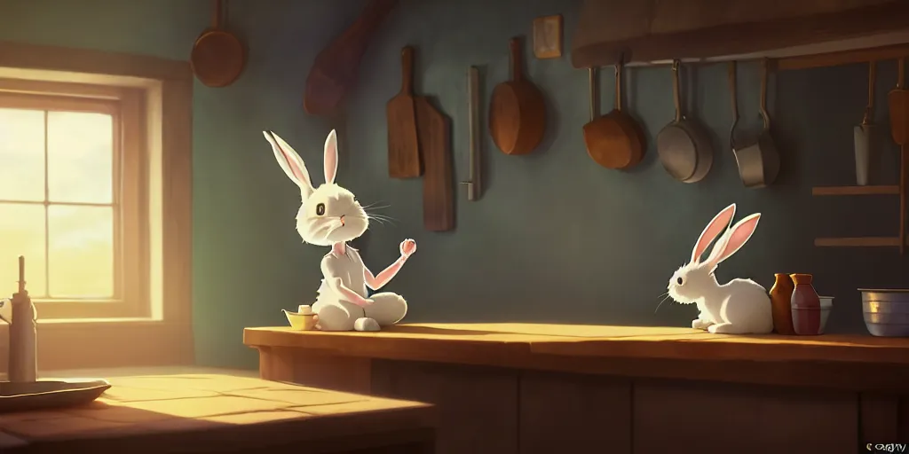 Prompt: a wholesome animation key shot of a cute rabbit boy stretching in a cottage kitchen, medium shot, studio ghibli, pixar and disney animation, sharp, rendered in unreal engine 5, anime key art by greg rutkowski, bloom, dramatic lighting