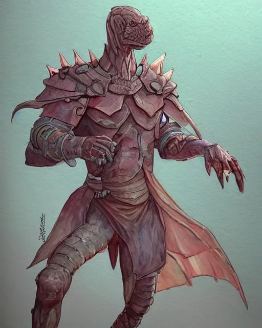 Image similar to a watercolor painting full body character portrait of a humanoid dinosaur paladin / cleric in the style of moebius in the style of leonard boyarsky trending on artstation deviantart pinterest furaffinity detailed photorealistic highlights and shadow hd 8 k post - processing high resolution