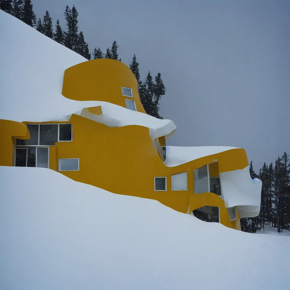 Image similar to a road leading to a mid-century modern house with large windows on top of a cliff in the arctic, covered with snow, designed by Frank Gehry. Big tiles. Film grain, cinematic, yellow hue