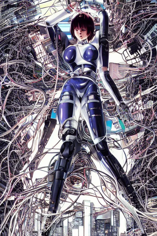 Image similar to ultra coherent motoko kusanagi kneeling on a white in style of masamune shirow, empty floor, with a mess of wires and cables coming out of her head and backside, by Yukito Kishiro and katsuhiro otomo, illustration, cyberpunk, hyper-detailed, colorful, complex, intricate, masterpiece, epic