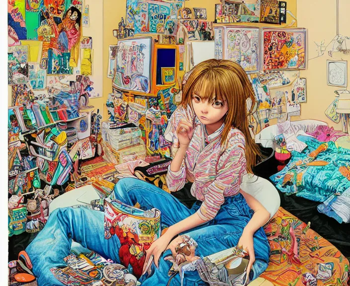 Image similar to highly detailed colorful illustration of a teenager in her room in the 9 0's, clean shaped illustration by kim jung gi, ron english and eiichiro oda