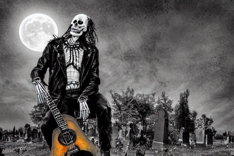 Prompt: mikhail gorshenev as a skeleton in a leather jacket with electric guitar in his hands in a cemetery, rock concert, dark night, full moon, crows on the oak tree, highly detailed digital art, photorealistic, black and white