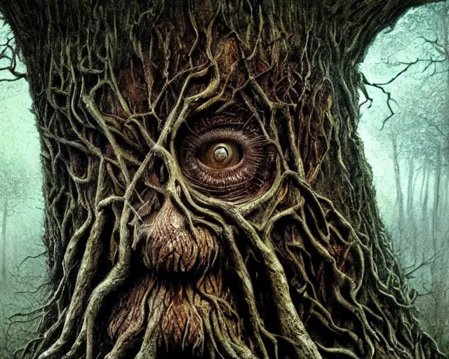 Prompt: a talking oak tree, a face in the bark, eyes in the bark, mouth in the bark, horror concept art, sharp teeth, digital painting, oil painting, hyperrealistic, treebeard, ent, undead, monster, highly detailed, moonlight, very detailed eyes, in the forest, by alan lee, by artgerm