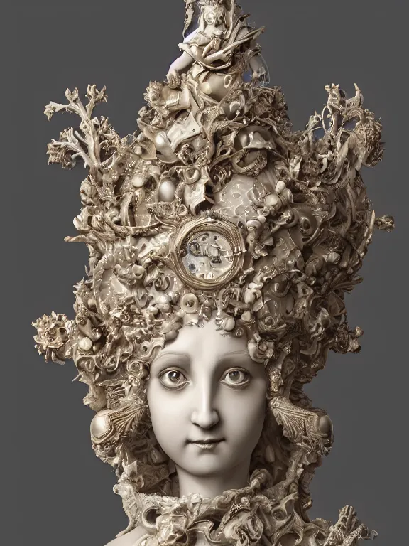 Image similar to a beautiful render of rococo catholic princess sculpture with symmetry intricate detailed,by Nekro and aaron horkey and peter gric and Cedric Peyravernay and Billelis,Trending on artstation,ZBrush,masterpiece,maximalist,glittering,gold,silver，ivory,hyperreal