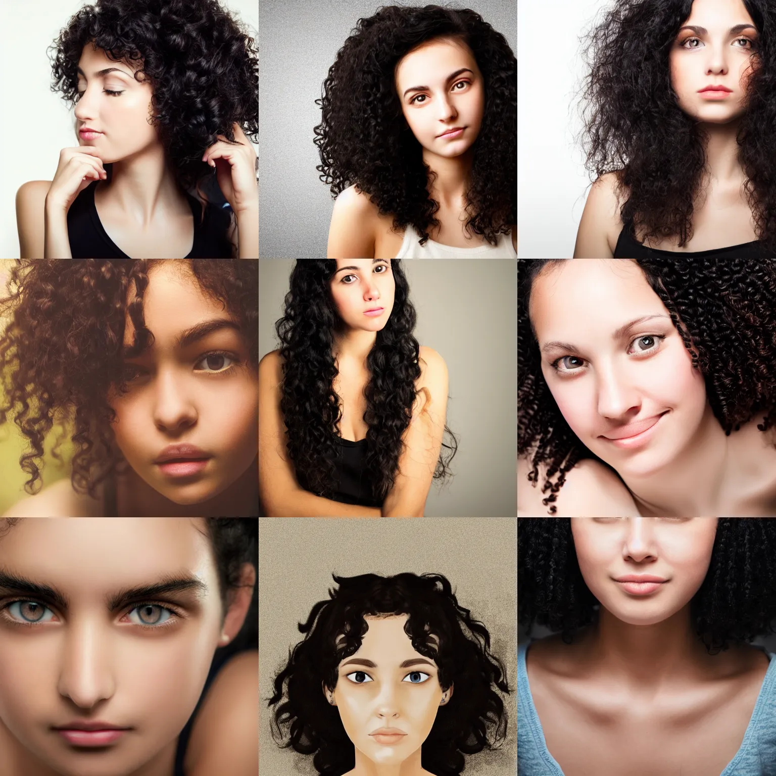 Image similar to portrait of a young lady with curly black hair with, round face, big brown eyes, volumetric lighting,