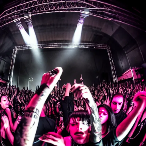 Prompt: Motionless in white band live concert, fish eye view