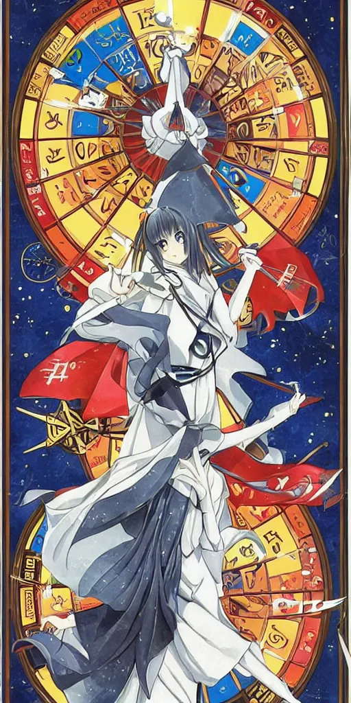 Image similar to Wheel of Fortune tarot card by a famous anime artist. clean, sharp lines,