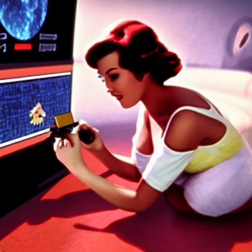 Image similar to a still of a pin up girl playing with an NES controller, in the movie 2001 A Space Odyssey, cinematic lighting, 4k HDR