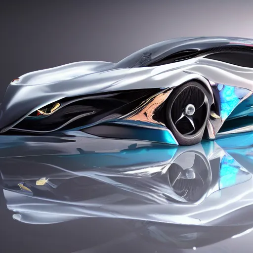 Image similar to concept car with wings and iridescent paint, octane, grandure, highly detailed, reflective marble floor