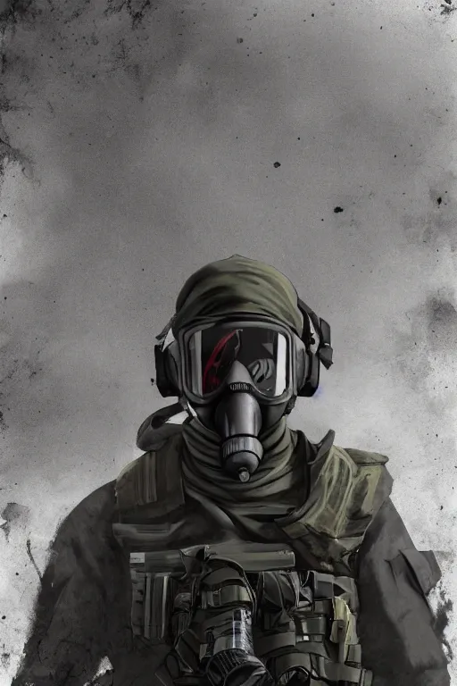 Image similar to british sas operative with the standard s 1 0 gas mask and the black uniform, 8 0 s, artstation, trending on artstation, establishing shot