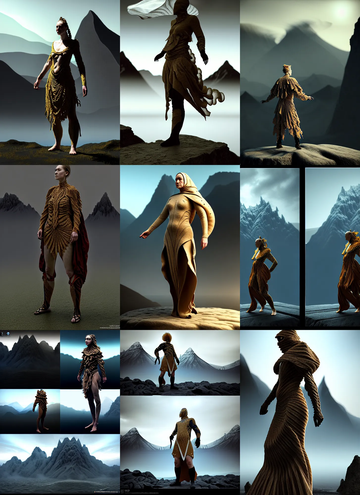 Prompt: dissolution filter ,turbulence filter, fractal, costume design made by nordic tribes, sophisticated composition, old masters light composition, procedurally generated, epic human character posing for concept art, beautiful mountains behind, substance designer, PBR, HD, Ultra detailed, hyperrealistic, megascans, volumetric light, concept by master artist, made in paint tool SAI2, trending pixiv aesthetic face