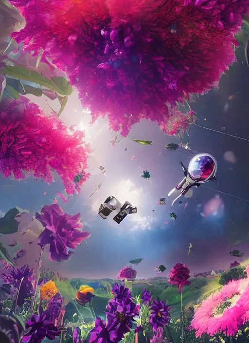 Image similar to An epic fantastic realism comic book style painting of the most beautiful flowers launched into space, bouquets, fisheye lens, unreal 5, DAZ, hyperrealistic, octane render, dynamic lighting