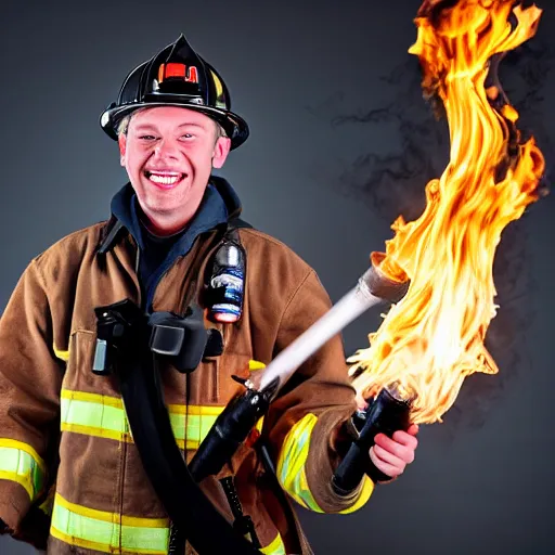 Prompt: portrait of a crazed maniacal smiling firefighter with a flamethrower creating flames. studio lighting