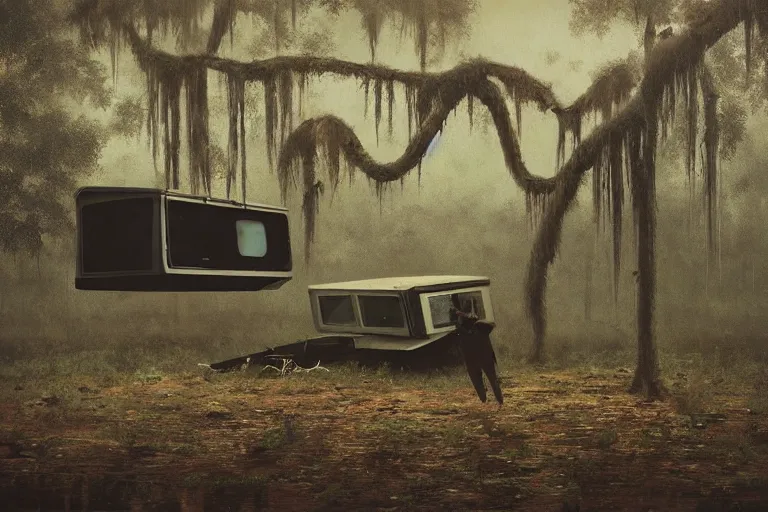 Image similar to scene from louisiana swamps, trailer in the woods, old couch, broken tv, parachute in a tree, voodoo artwork by tim eitel