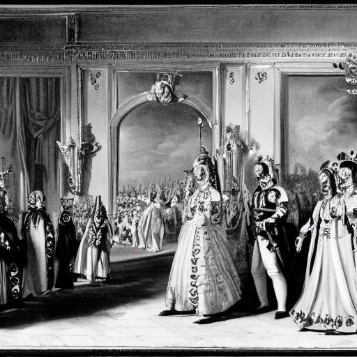 Image similar to Black and White photo of a Royal Procession, the Queen holding hands with the Devil, 4k, highly detailed, 1852