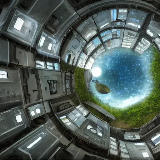 Prompt: space habitat, on the inside of a gigantic o'neill cylinder, city on the walls, forest, wide angle, panoramic,