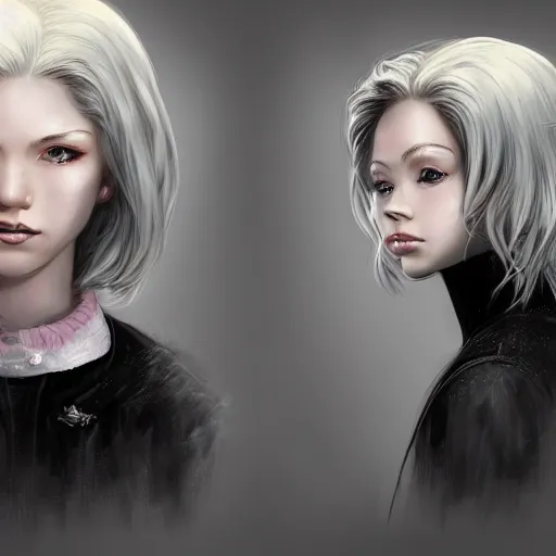 Prompt: a cute 20 year old girl, pale, petite with bob ginger hair that is middle parted, with freckles, looks annoyed, wearing a black coat by artgerm and wlop and scott fischer and seb mckinnon, digital art, highly detailed, wide shot, intricate, fantasy, mystical, sharp focus, Trending on Artstation HQ, deviantart, unreal engine 5, 4K UHD image