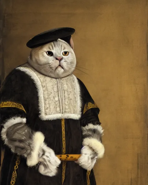 Image similar to fat gray cat with yellow eyes dressed like henry viii, tudor period menswear, hans holbein the younger, greg rutkowski, royal portrait, painting