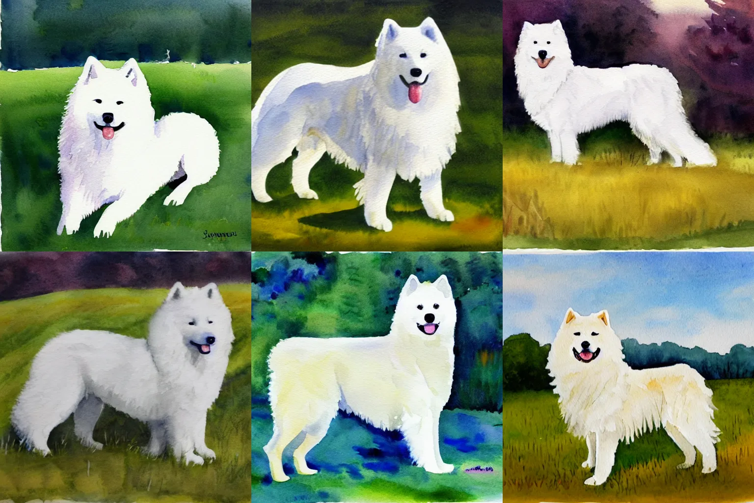 Prompt: a samoyed dog, sunny meadow, watercolor painting