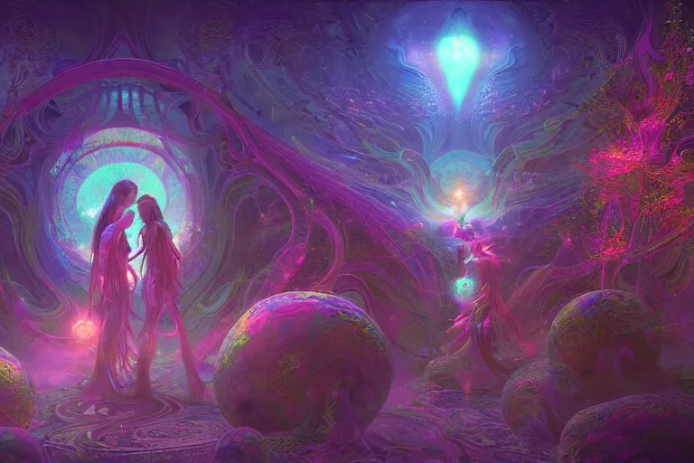 Image similar to a psychedelic realm at the edge of existence where intensely creative astral beings live, the astral beings are holding each other to share love, in the style of WLOP, illustration, epic, fantasy, hyper detailed, smooth, unreal engine, sharp focus, ray tracing