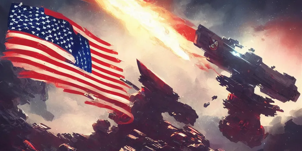 Image similar to space war between china and usa, usa flag, china flag, space, war, great compostion, lighting chiaroscuro, art by sebastien hue, insanely highly detailed artwork, trending on artstation