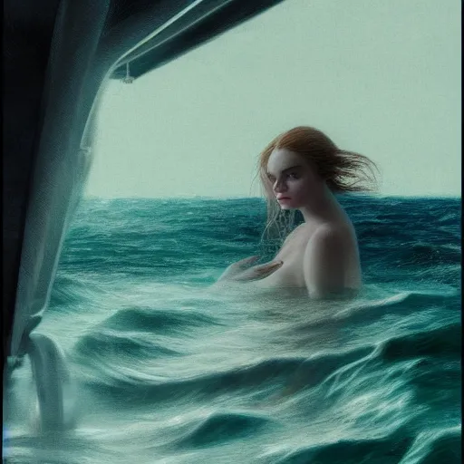 Image similar to silhouette of a Elle Fanning at sea in a storm, pitch black room, extremely detailed masterpiece, oil on canvas, low-key neon lighting, artstation, Blade Runner 2049, Roger Deakin’s cinematography, by J. C. Leyendecker and Peter Paul Rubens,