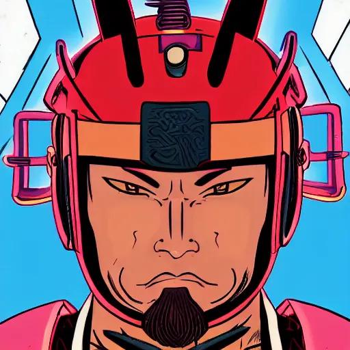 Prompt: a powerful japanese samurai wearing cyber thunder gear, detailed face, face symmetry, character concept portrait by moebius and laurie greasley, colorful, profile picture, 8 k, cinematic color grading