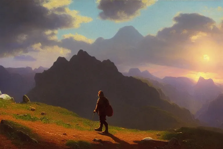 Image similar to a traveler wandering trough the mountains looking at the clouds, very detailed, focused, oil painting, cinematic lighting, albert bierstadt, trending on artstation, colorful, canvas, sunset, hans dahl, theodor kittelsen, hermann hendrich, national geographic, Konstantin Yakovlevich Kryzhitsky, beautiful nature, breathtakingn nordic