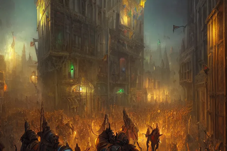 Prompt: an intricate colorful matte painting of An epic stronghold crusader screenshot of bustling city street with protesting crowd chasing the king, highly detailed iridescent dimly lit exterior with shafts of iridescent light bouncing off magical realms, by Christophe Vacher and Bastien Lecouffe-Deharme, trending on artstation