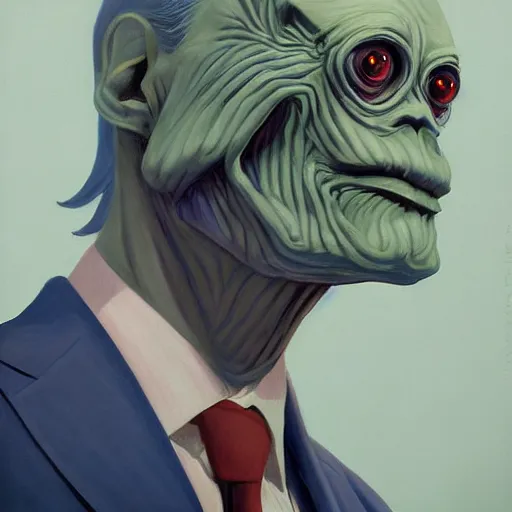 Prompt: Portrait of Dr. Who wearing a business suit , very coherent, painted by Edward Hopper, Wayne Barlowe, painted by James Gilleard, airbrush, art by JamesJean