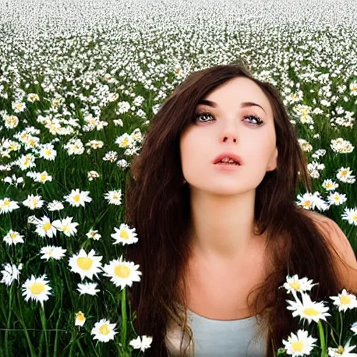 Prompt: a pretty girl in a field of daisies