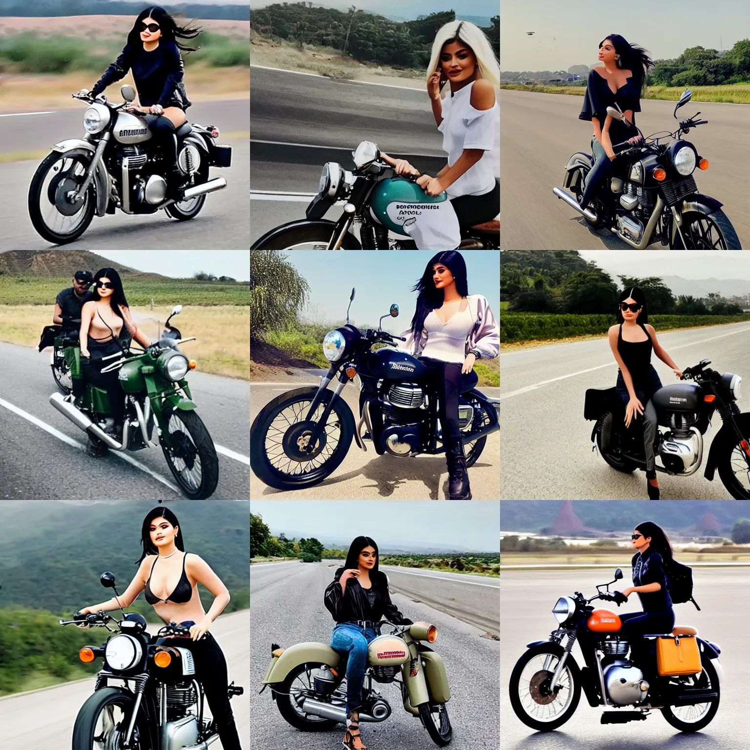 Prompt: photograph of kylie jenner riding a royal enfield bike on a highway, a flight in the background