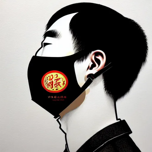 Image similar to portrait of a chinese man :: side profile :: oxygen mask :: clockwork implant :: intricate details :: 8k :: by vikings and Sandra Chevrier