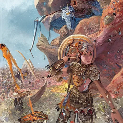 Prompt: A stunning vibrant portrait of a fantasy barbarian in a roman arena fighting eerie gigantic space insects by Mattias Adolfsson, by Mandy Jurgens