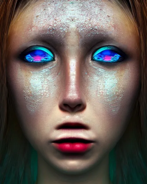 Prompt: detailed vertical eyes, beautiful face of an underwater human descendant fishwoman, darkness, macro lens, very deep sea, mariana trench, hd, dagon, fishpeople