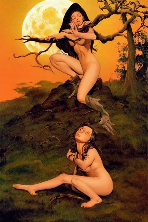 Image similar to portrait of a young witch sitting on the ground with a full moon in the sky overhead, highly detailed, by frank frazetta and boris vallejo