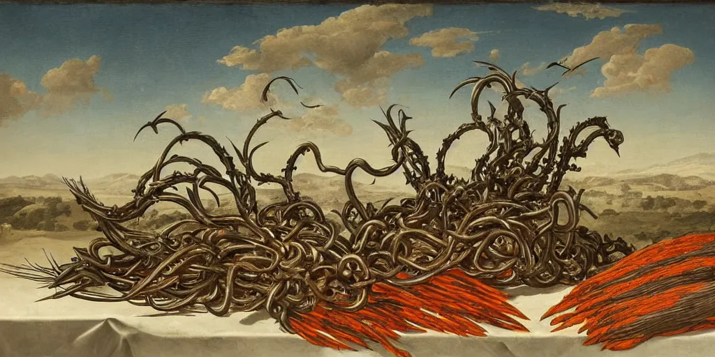 Prompt: portrait, war, knight, rooster, feathers, horns, mills, famine, death, war, wide angle, puffy clouds, skies behind, stars in sky, italian masterpiece, Ashford Black Marble, sculpture, baroque, draped with orange carrot and vines and spines, marble and gold, drapes, white details, still life, Obsidian, portrait, worms, render, artstation, ultra detailed