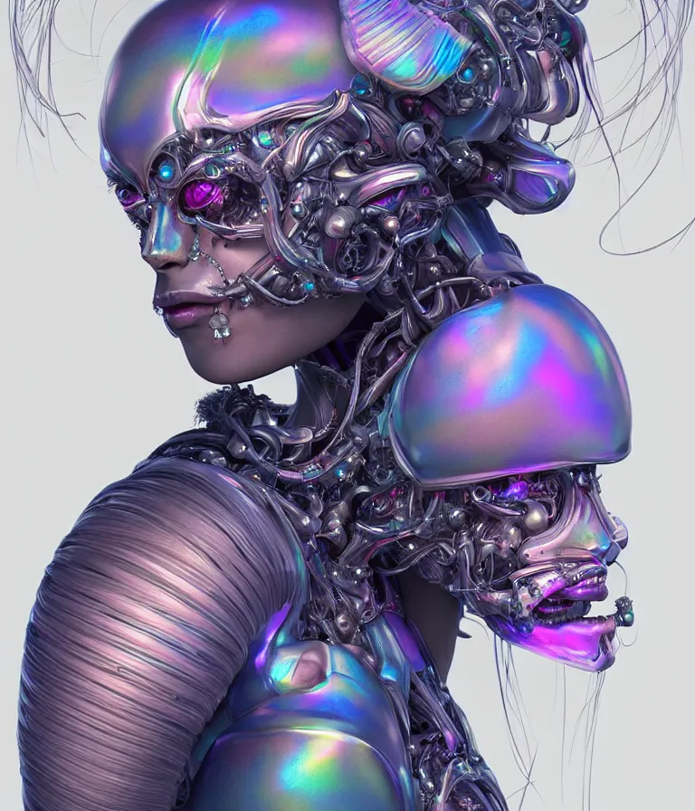 Image similar to fully symmetrical centered iridescent portrait of a beautiful princess in robe. artificial muscles, ribcage, bones, hard surface modelling. cyberpunk look. biomechanical mask. bio luminescent biomechanical halo around head. jellyfish. artwork by jarold Sng by artgerm, by Eddie Mendoza, by Peter mohrbacher by tooth wu, unreal engine, octane render, cinematic light, high details, iridescent colors, dichroic, macro, depth of field, blur